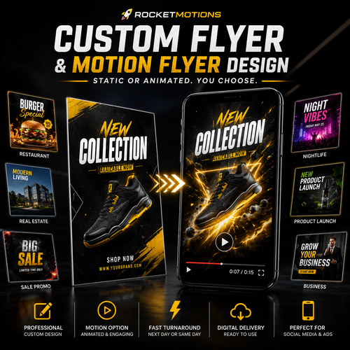 Three custom motion flyers for restaurants, nightlife, real estate and product launches